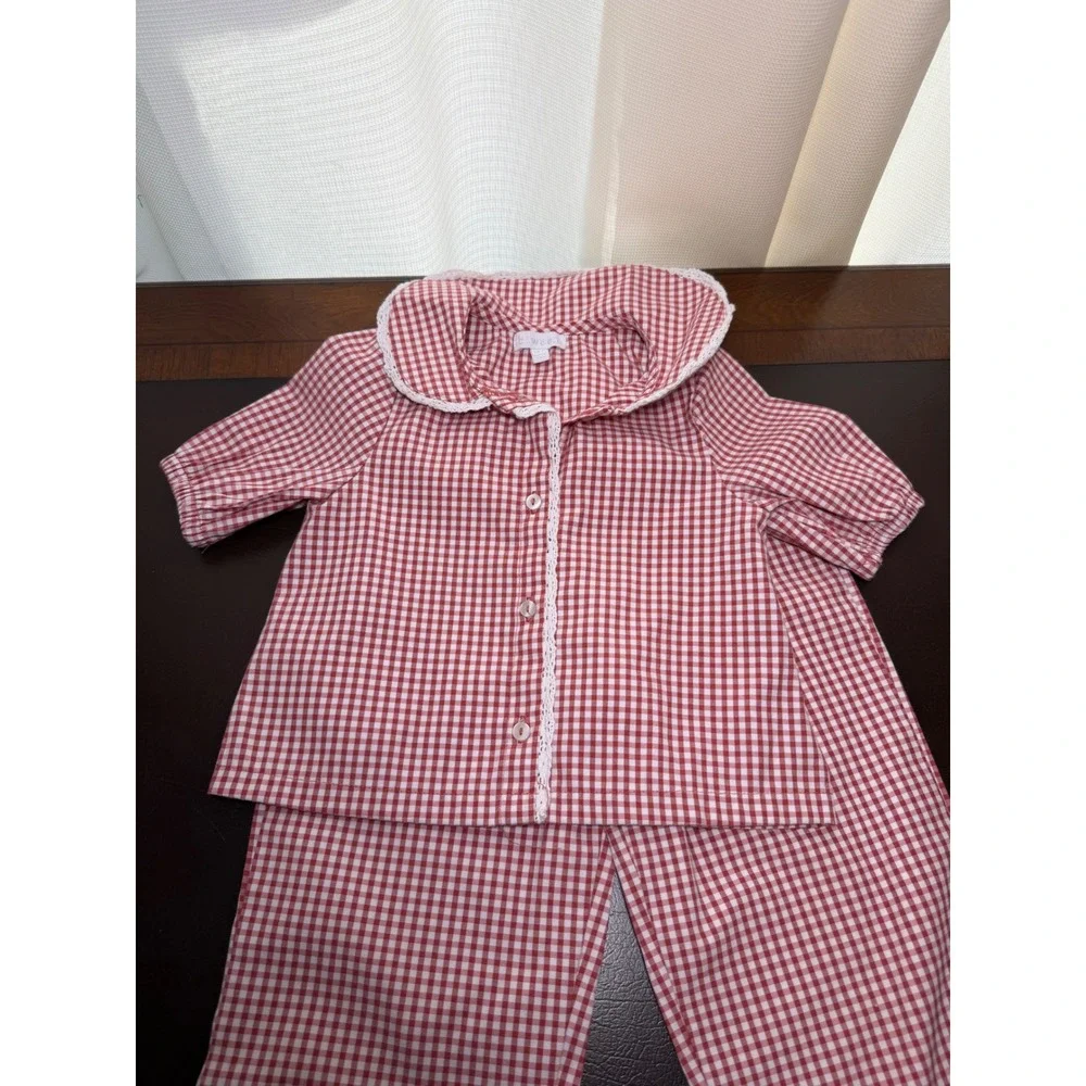 btween Girls Red Gingham Pajama Set Lace Trim Peter Pan Collar 2pc Size 4T